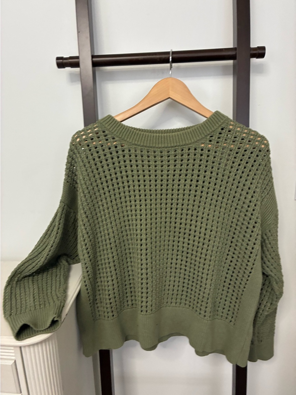 Gorgeous 100% cotton Olive Green Open-Knit Women's Sweater Size XL loose & boxy